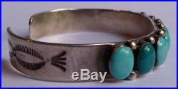 Vintage Navajo Indian Sterling Silver & Turquoise Cuff Row Bracelet