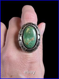 Vintage Navajo Laura Willie Green Turquoise File Work Sterling Silver Ring 8.75