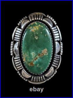 Vintage Navajo Laura Willie Green Turquoise File Work Sterling Silver Ring 8.75
