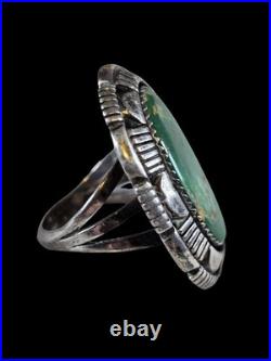 Vintage Navajo Laura Willie Green Turquoise File Work Sterling Silver Ring 8.75