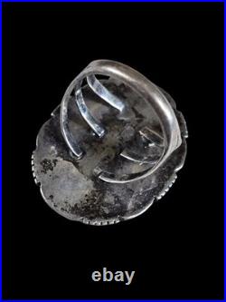 Vintage Navajo Laura Willie Green Turquoise File Work Sterling Silver Ring 8.75