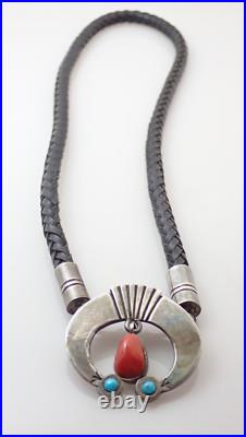Vintage Navajo Leroy Begay Turquoise Coral Squash Sterling Leather Necklace