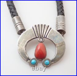 Vintage Navajo Leroy Begay Turquoise Coral Squash Sterling Leather Necklace Vintage Navajo Leroy Begay Turquoise Coral Squash Sterling Leather Necklace