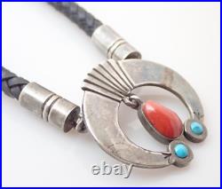 Vintage Navajo Leroy Begay Turquoise Coral Squash Sterling Leather Necklace