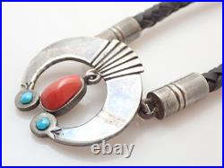 Vintage Navajo Leroy Begay Turquoise Coral Squash Sterling Leather Necklace