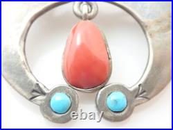 Vintage Navajo Leroy Begay Turquoise Coral Squash Sterling Leather Necklace