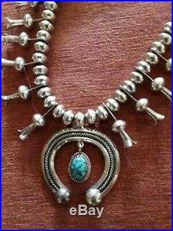 Vintage Navajo Native American Natural Turquoise 925 Squash Blossom Necklace