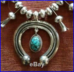 Vintage Navajo Native American Natural Turquoise 925 Squash Blossom Necklace