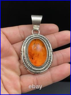 Vintage Navajo Native American Sterling Silver Honey Amber Oval Pendant Signed F