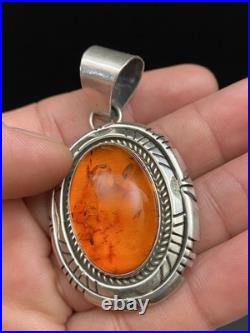 Vintage Navajo Native American Sterling Silver Honey Amber Oval Pendant Signed F