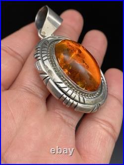 Vintage Navajo Native American Sterling Silver Honey Amber Oval Pendant Signed F