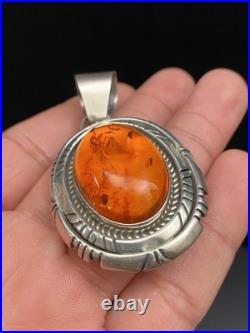 Vintage Navajo Native American Sterling Silver Honey Amber Oval Pendant Signed F
