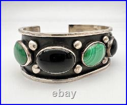 Vintage Navajo Native American Sterling Silver Onyx & Malachite Cuff Bracelet