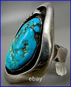 Vintage Navajo Native American Sterling Silver Shadowbox Kingman Turquoise Ring