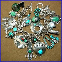 Vintage Navajo+ Native American Sterling Silver Turquoise 25+ Charm Bracelet