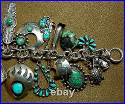 Vintage Navajo+ Native American Sterling Silver Turquoise 25+ Charm Bracelet