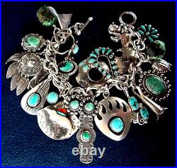 Vintage Navajo+ Native American Sterling Silver Turquoise 25+ Charm Bracelet