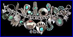 Vintage Navajo+ Native American Sterling Silver Turquoise 25+ Charm Bracelet