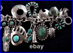 Vintage Navajo+ Native American Sterling Silver Turquoise 25+ Charm Bracelet