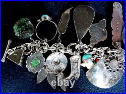 Vintage Navajo+ Native American Sterling Silver Turquoise 25+ Charm Bracelet