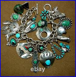 Vintage Navajo+ Native American Sterling Silver Turquoise 25+ Charm Bracelet