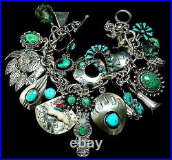 Vintage Navajo+ Native American Sterling Silver Turquoise 25+ Charm Bracelet