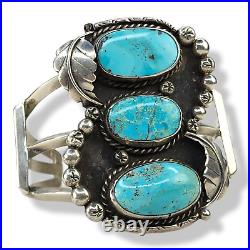 Vintage Navajo Native American Sterling Silver Turquoise 3 Stone Cuff Bracelet