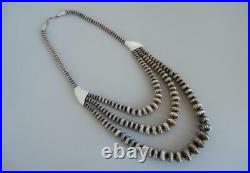 Vintage Navajo Necklace Pearl Fluted Beads Sterling Silver 3 Strand 78 Grams