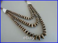 Vintage Navajo Necklace Pearl Fluted Beads Sterling Silver 3 Strand 78 Grams