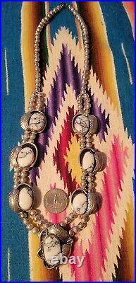 Vintage Navajo Nickel Silver White Buffalo Squash Blossom Necklace