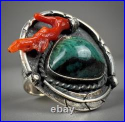 Vintage Navajo Old Pawn Sterling Silver Turquoise & Coral Ring RARE DESIGN