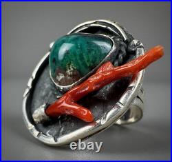 Vintage Navajo Old Pawn Sterling Silver Turquoise & Coral Ring RARE DESIGN
