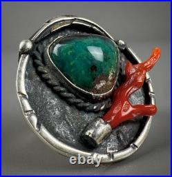 Vintage Navajo Old Pawn Sterling Silver Turquoise & Coral Ring RARE DESIGN