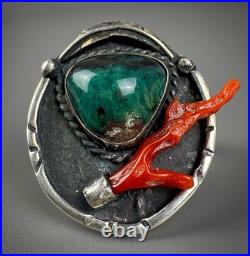 Vintage Navajo Old Pawn Sterling Silver Turquoise & Coral Ring RARE DESIGN