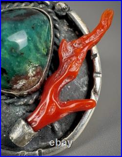 Vintage Navajo Old Pawn Sterling Silver Turquoise & Coral Ring RARE DESIGN