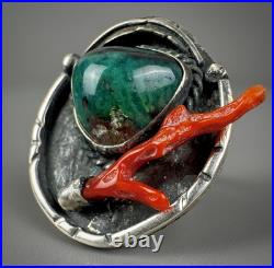 Vintage Navajo Old Pawn Sterling Silver Turquoise & Coral Ring RARE DESIGN