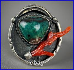 Vintage Navajo Old Pawn Sterling Silver Turquoise & Coral Ring RARE DESIGN