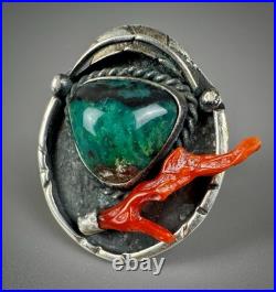 Vintage Navajo Old Pawn Sterling Silver Turquoise & Coral Ring RARE DESIGN