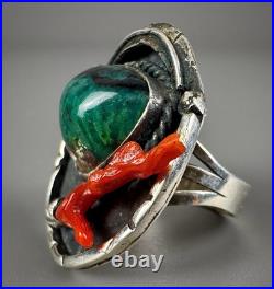 Vintage Navajo Old Pawn Sterling Silver Turquoise & Coral Ring RARE DESIGN