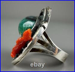 Vintage Navajo Old Pawn Sterling Silver Turquoise & Coral Ring RARE DESIGN