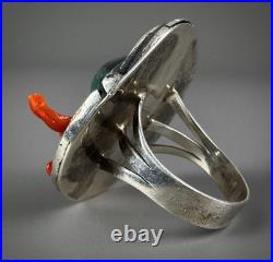 Vintage Navajo Old Pawn Sterling Silver Turquoise & Coral Ring RARE DESIGN