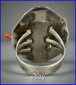 Vintage Navajo Old Pawn Sterling Silver Turquoise & Coral Ring RARE DESIGN