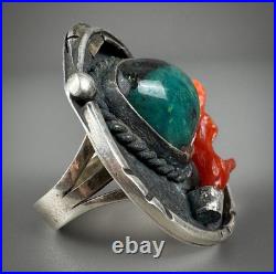 Vintage Navajo Old Pawn Sterling Silver Turquoise & Coral Ring RARE DESIGN