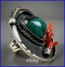 Vintage Navajo Old Pawn Sterling Silver Turquoise & Coral Ring RARE DESIGN