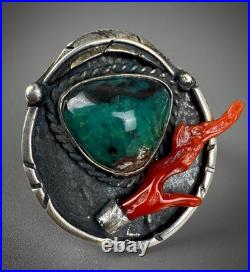 Vintage Navajo Old Pawn Sterling Silver Turquoise & Coral Ring RARE DESIGN