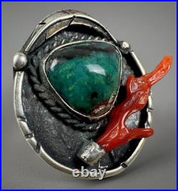Vintage Navajo Old Pawn Sterling Silver Turquoise & Coral Ring RARE DESIGN