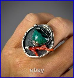 Vintage Navajo Old Pawn Sterling Silver Turquoise & Coral Ring RARE DESIGN