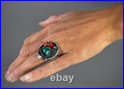 Vintage Navajo Old Pawn Sterling Silver Turquoise & Coral Ring RARE DESIGN