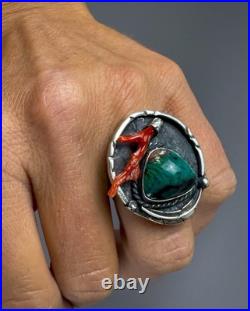 Vintage Navajo Old Pawn Sterling Silver Turquoise & Coral Ring RARE DESIGN
