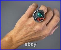 Vintage Navajo Old Pawn Sterling Silver Turquoise & Coral Ring RARE DESIGN